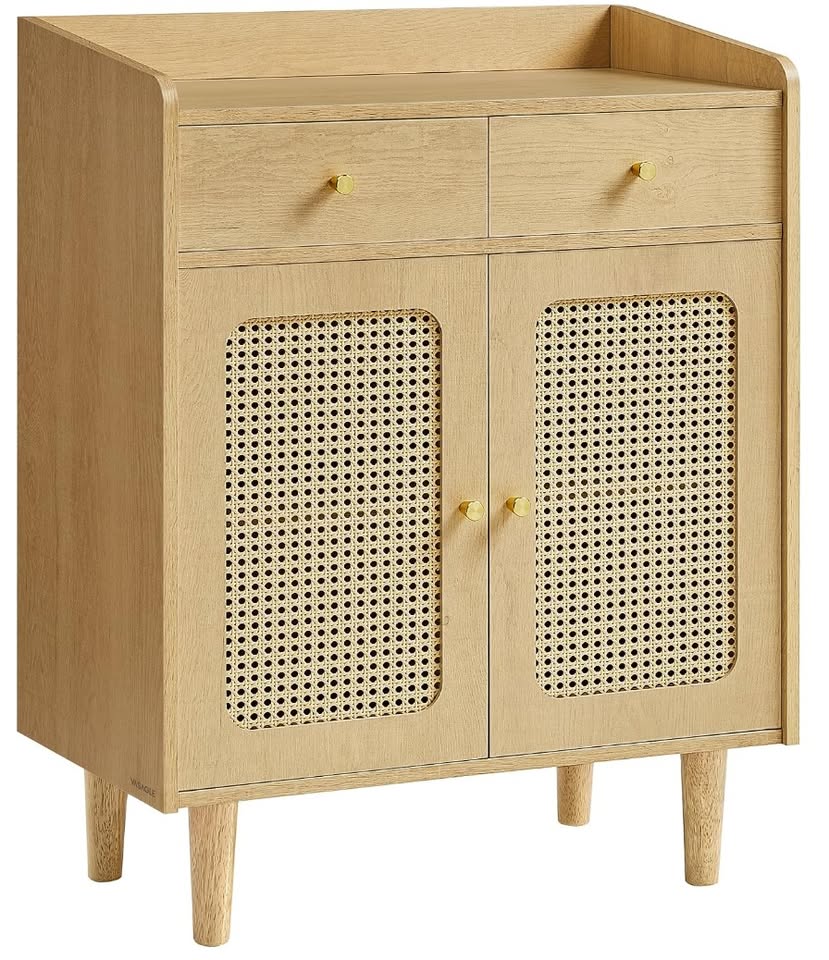 Beige Oak Rattan Storage Cabinet