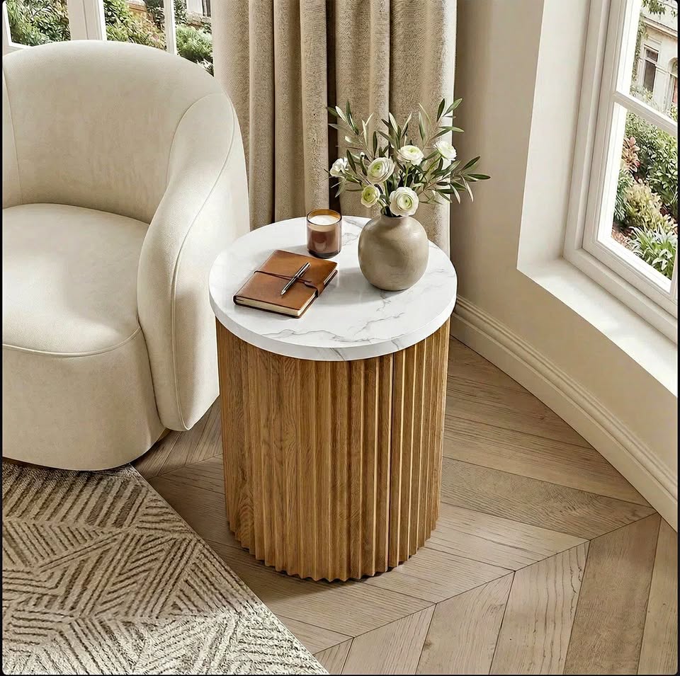 Round Fluted Faux-Marble Side Table
