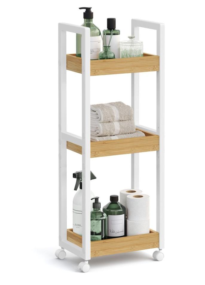 3-Tier Rolling Storage Cart – White & Natural Wood