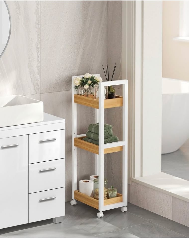3-Tier Rolling Storage Cart – White & Natural Wood — thumbnail 2