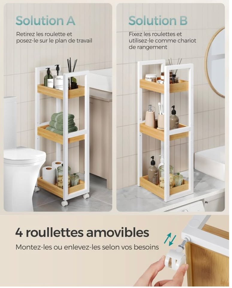 3-Tier Rolling Storage Cart – White & Natural Wood — thumbnail 3