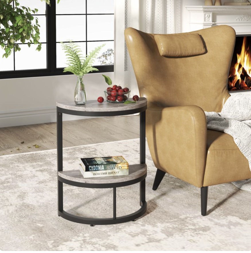 Tribesigns 2-Tier Half-Round End Table – Rustic Grey — thumbnail 2