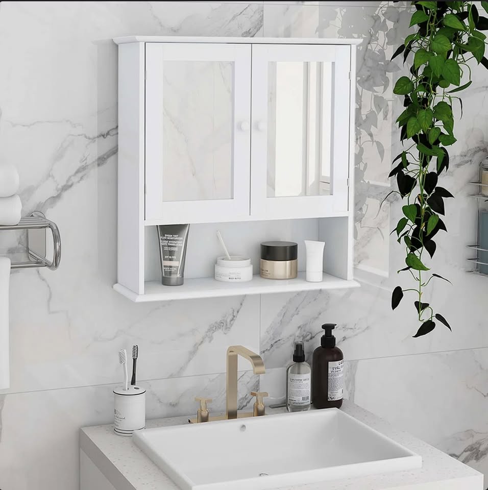 Bathroom Wall Storage Cabinet with Mirrored Doors – White