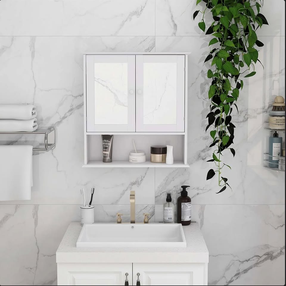 Bathroom Wall Storage Cabinet with Mirrored Doors – White — thumbnail 4