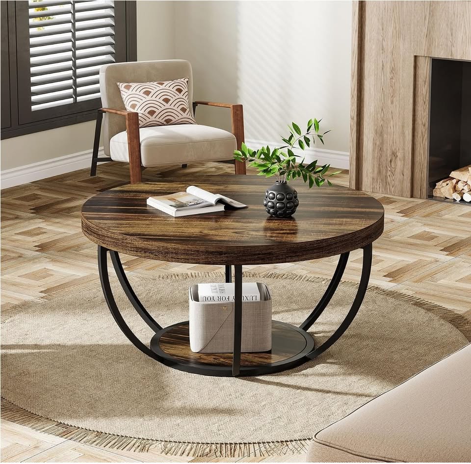 31.7” Round 2-Tier Coffee Table – Rustic Brown & Black