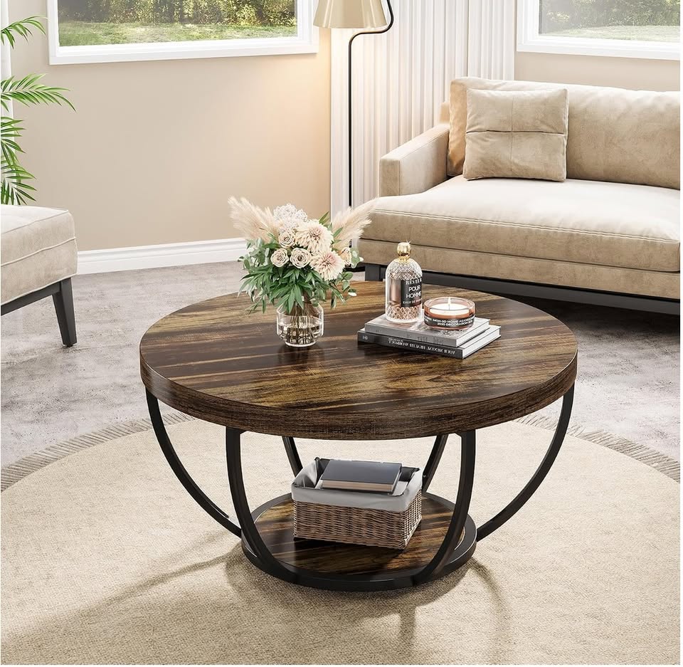 31.7” Round 2-Tier Coffee Table – Rustic Brown & Black — thumbnail 2