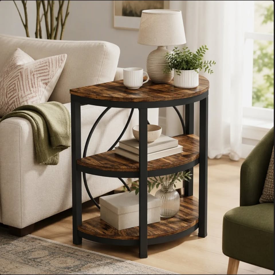 3-Tier Half-Round Side Table – Rustic Brown & Black — thumbnail 2