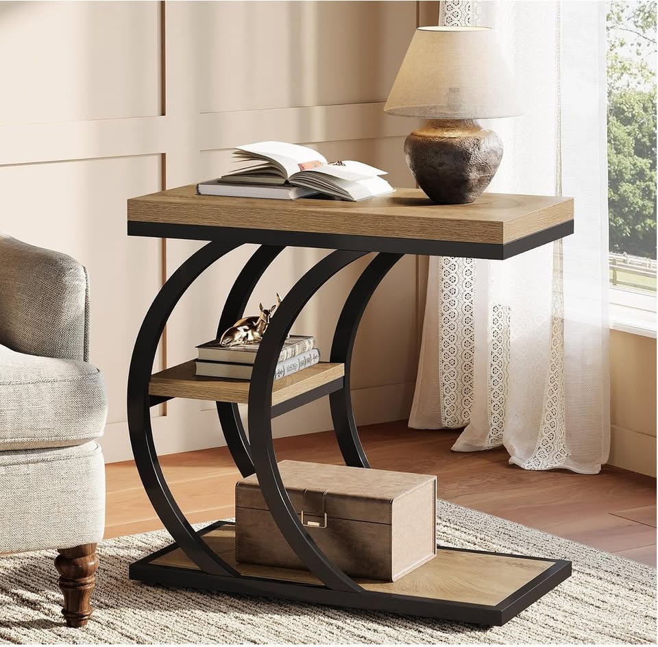 3-Tier C-Shaped Side Table – Natural Wood & Black