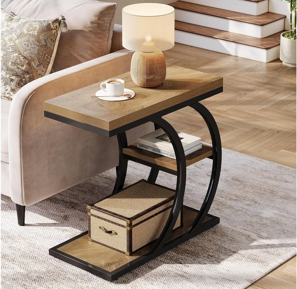3-Tier C-Shaped Side Table – Natural Wood & Black — thumbnail 4