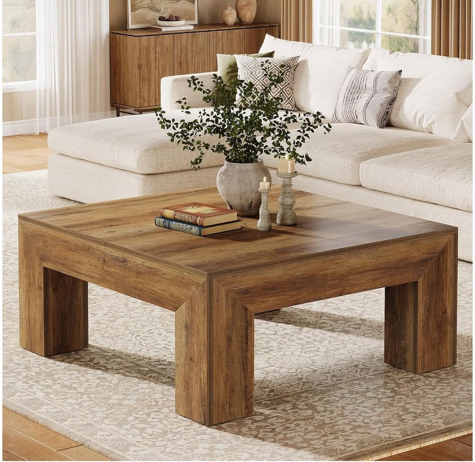 39.4” Square Farmhouse Coffee Table – Rustic Brown