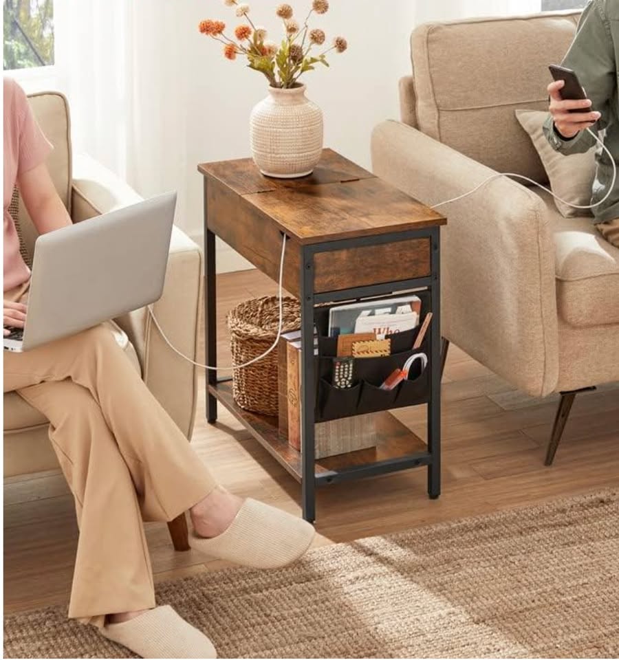 Side Table with USB Ports & Power Outlets – Rustic Brown — thumbnail 2