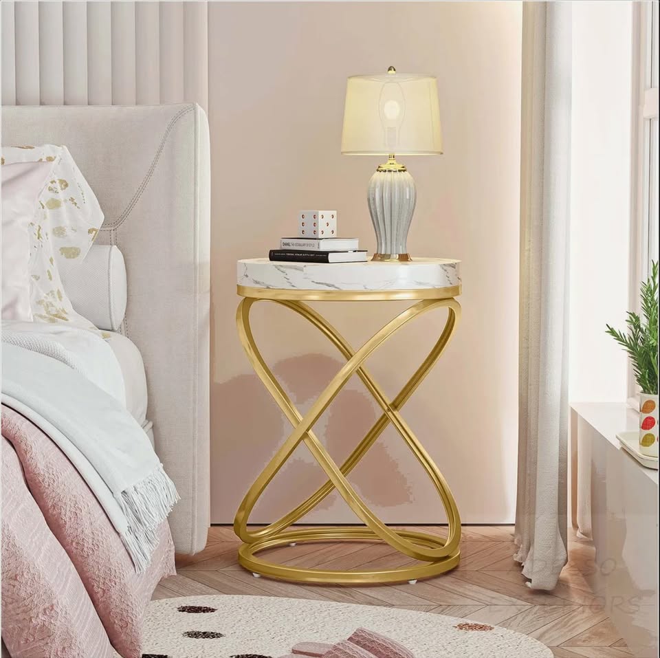 26” Round Faux Marble Side Table – White & Gold — thumbnail 3