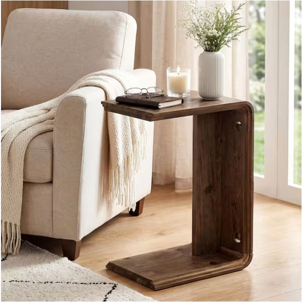 C-Shaped Solid Wood Side Table – Dark Brown