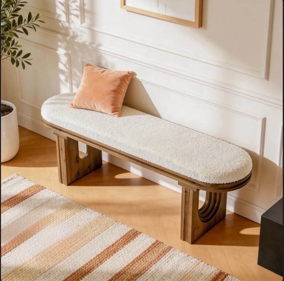47.2” Solid Wood Upholstered Entryway Bench – Brown & White — thumbnail 2