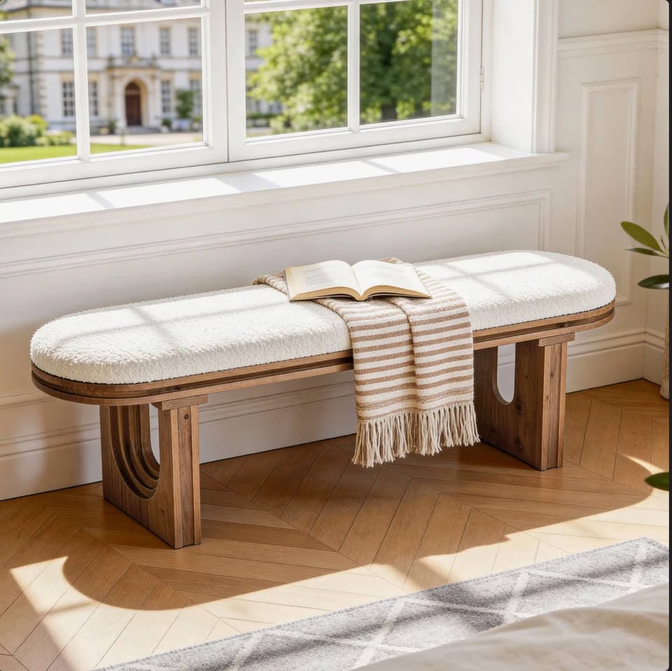 47.2” Solid Wood Upholstered Entryway Bench – Brown & White — thumbnail 3