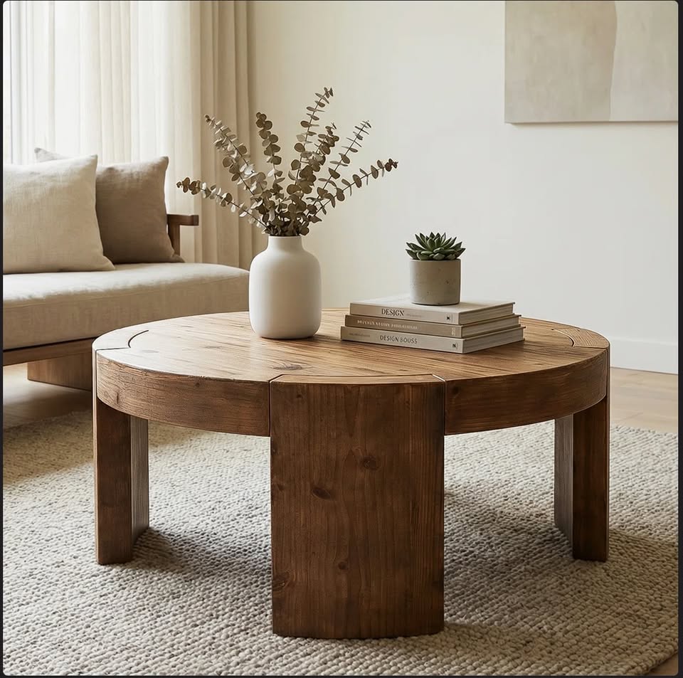 31.5” Solid Wood Round Coffee Table – Rustic Brown — thumbnail 2
