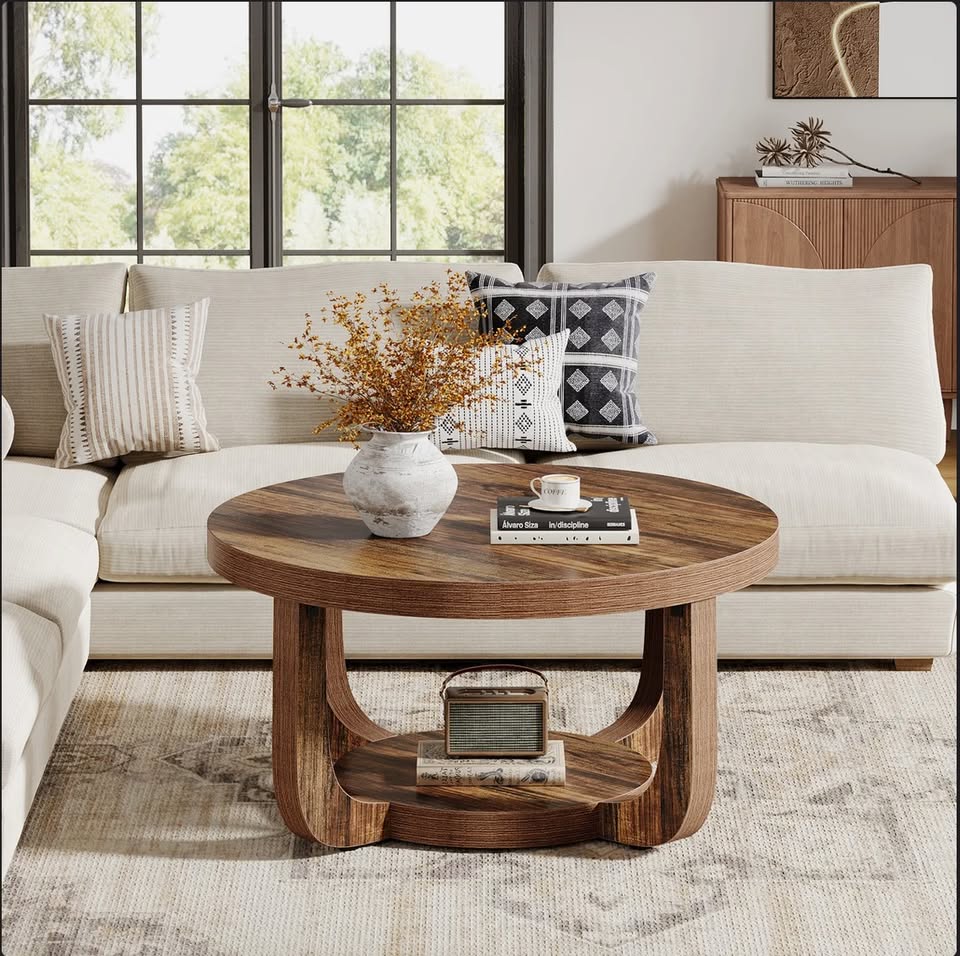 31.5” Round 2-Tier Coffee Table – Rustic Brown