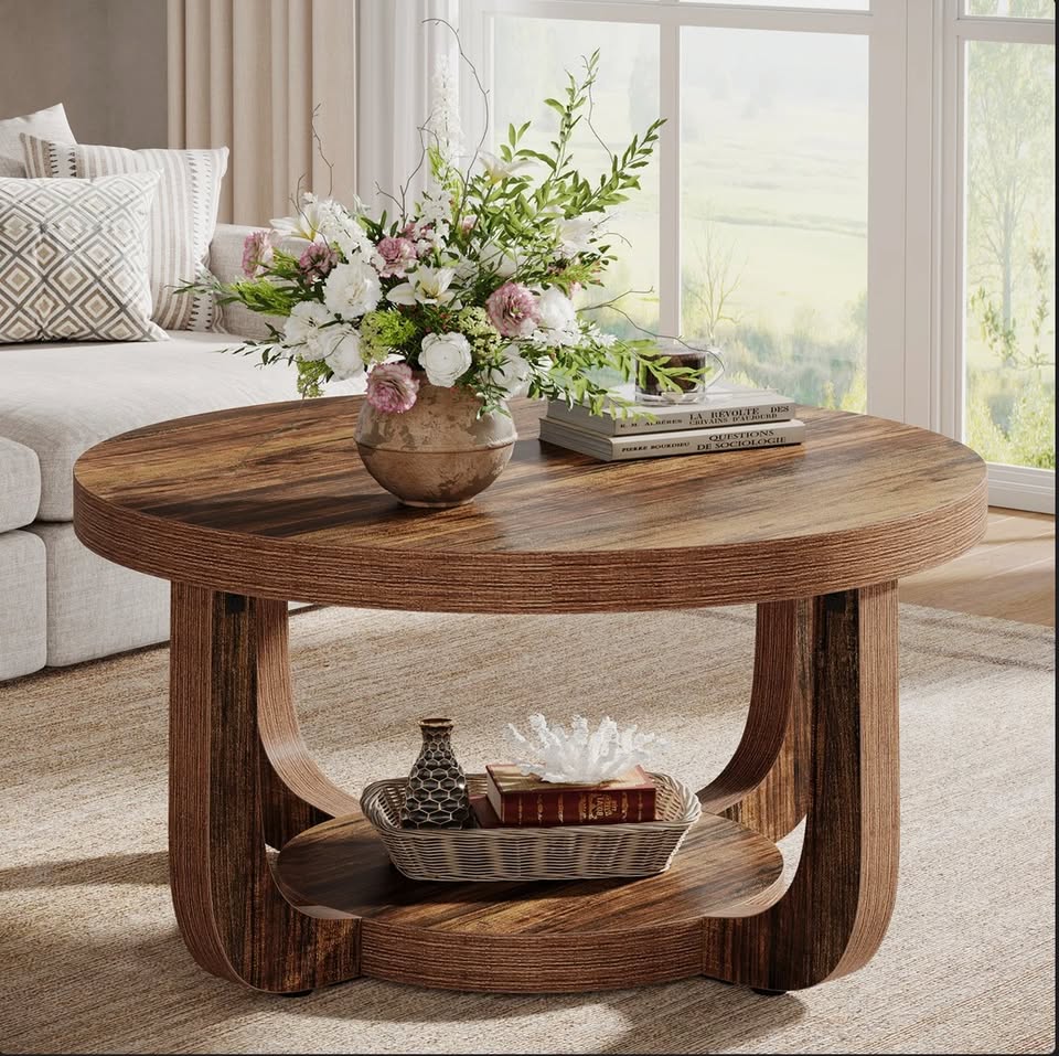 31.5” Round 2-Tier Coffee Table – Rustic Brown — thumbnail 2