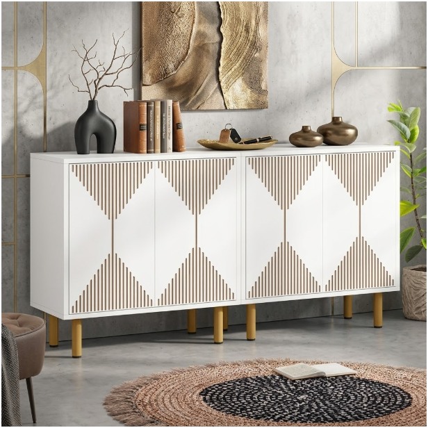 59” Modern 4-Door Sideboard / Storage Cabinet – White & Gold
