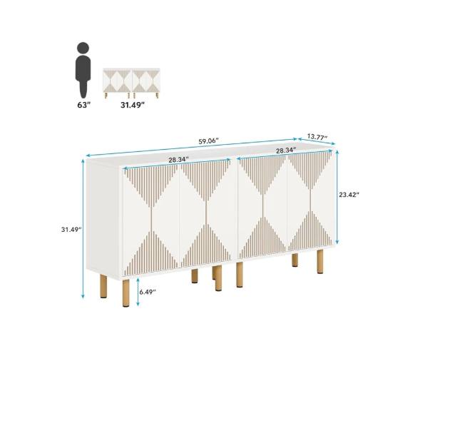59” Modern 4-Door Sideboard / Storage Cabinet – White & Gold — thumbnail 3